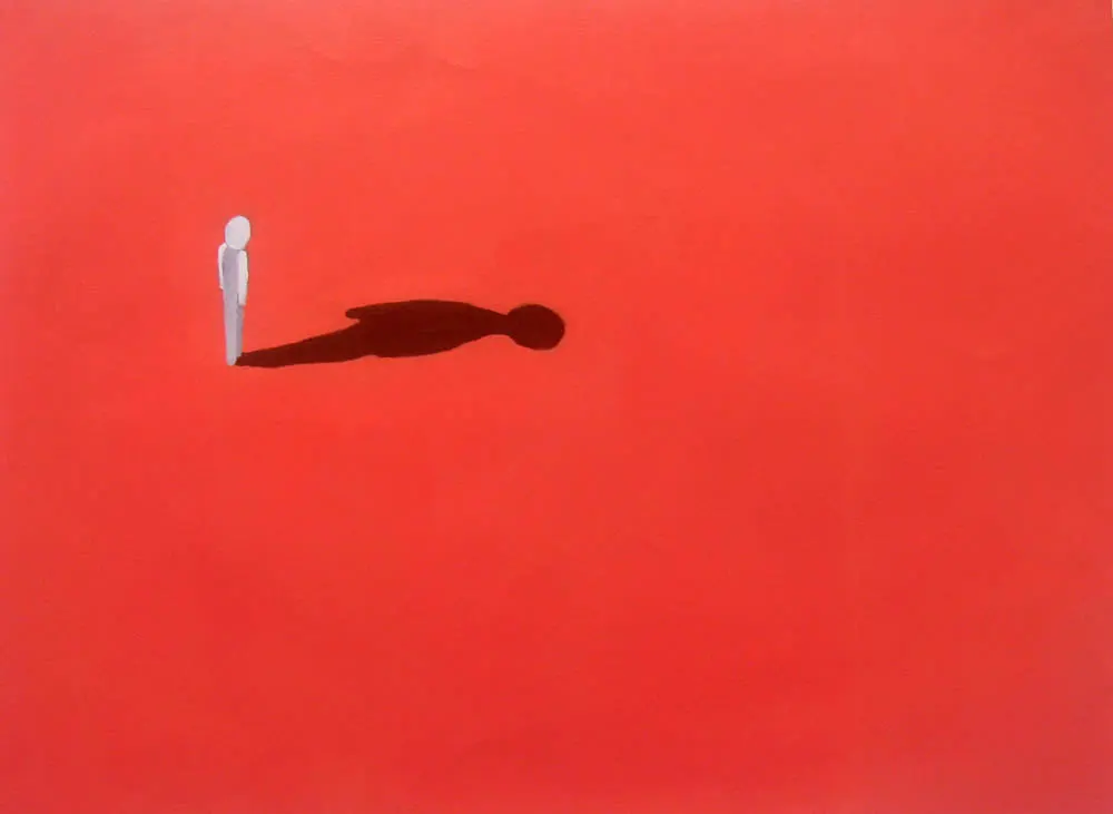 Oil painting on paper of a solitarty figure on an orange background